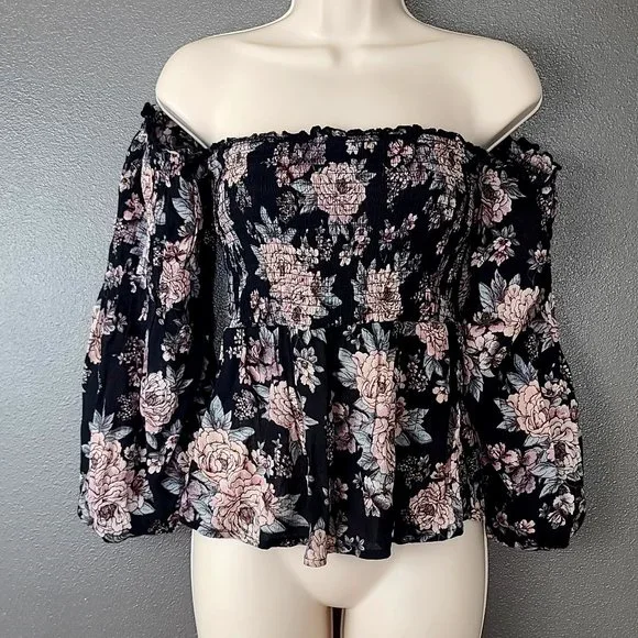 American Eagle Outfitters Black & Pink Floral Peasant Blouse - Picture 1 of 4